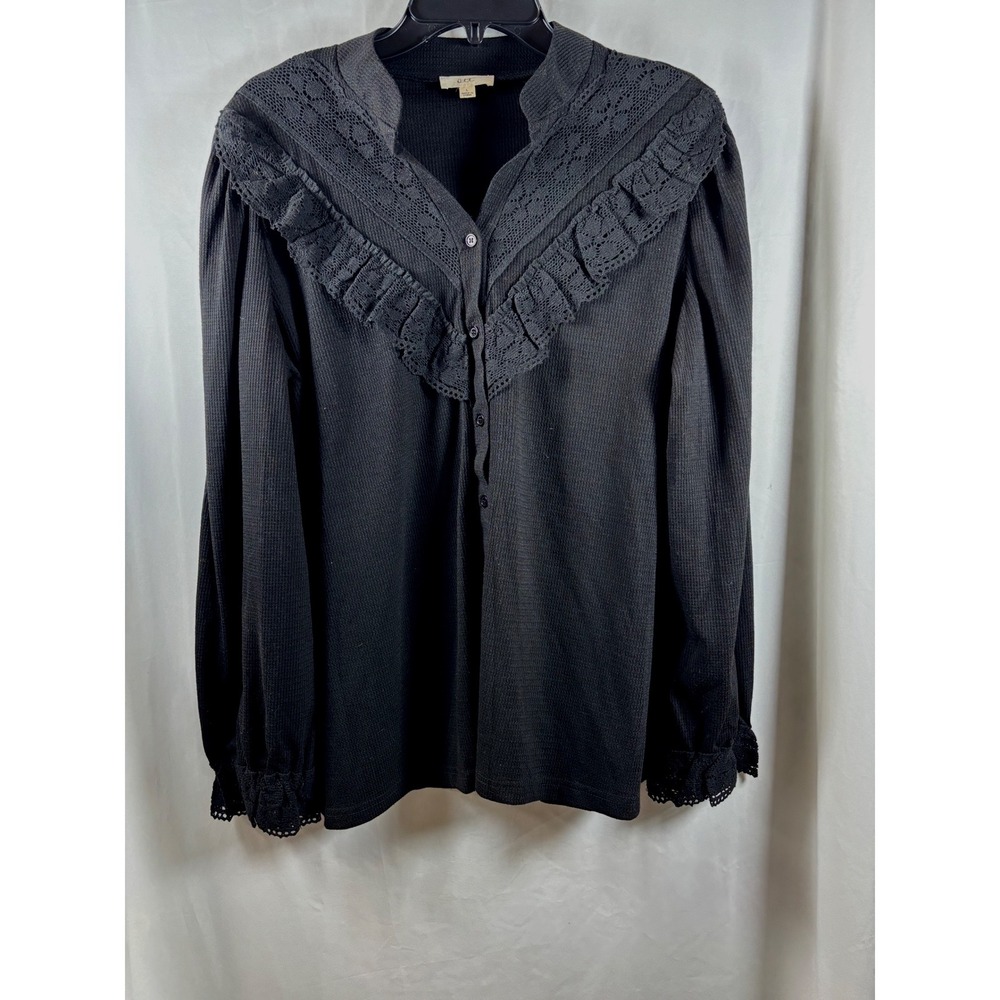 Ott Black Waffle Knit Lace Ruffle Button Front‎ Thermal Black Large MO9141